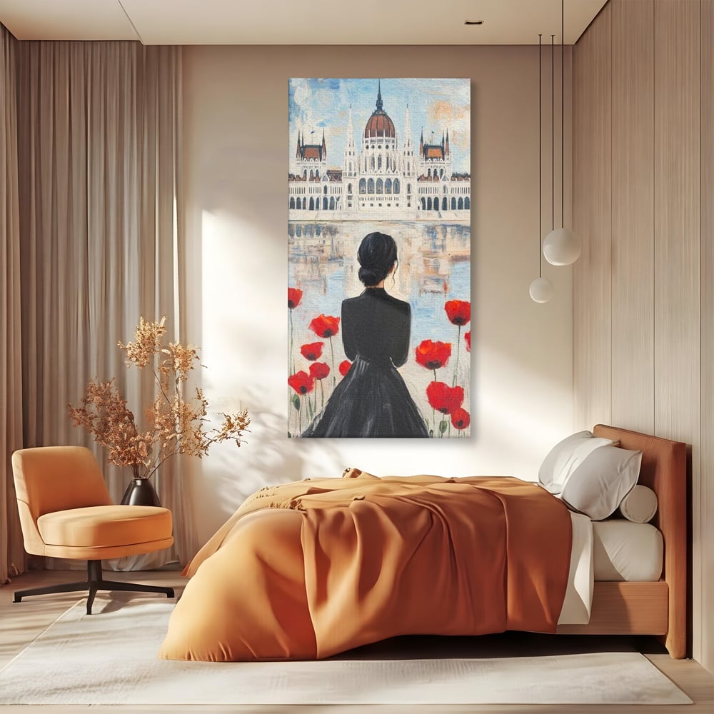 Tablou canvas cu tablou canvas cu femeie si maci, fara rama, pe sasiu de lemn, pe perete intr-un dormitor